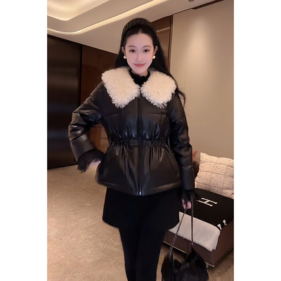 大李plus莫斯纳绵羊皮90鹅绒羽绒服女冬季可拆卸毛领收腰皮衣外套