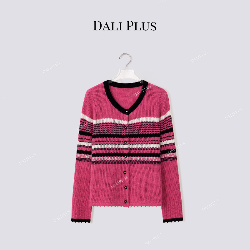 “原创设计粉黑条纹”绵羊毛兔毛混纺长袖针织-D5CH5334