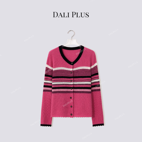 “原创设计粉黑条纹”绵羊毛兔毛混纺长袖针织-D5CH5334