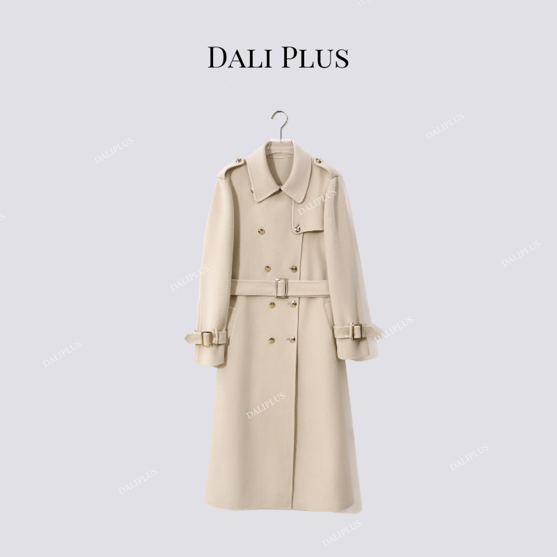 卡其色翻领双排扣双面呢大衣