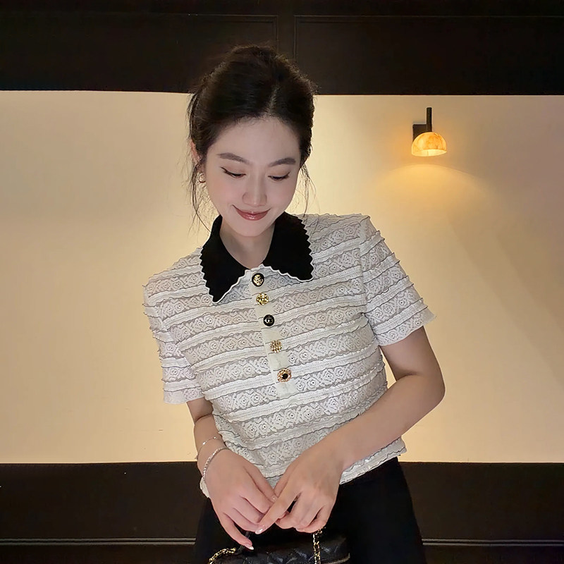 大李plus蕾丝条纹翻领短袖T恤女夏季法式时尚气质休闲简约上衣