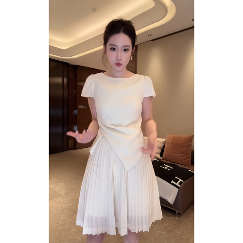 大李plus醋酸缎面混纺泡泡袖上衣套装女夏季不规则下摆T恤+半裙