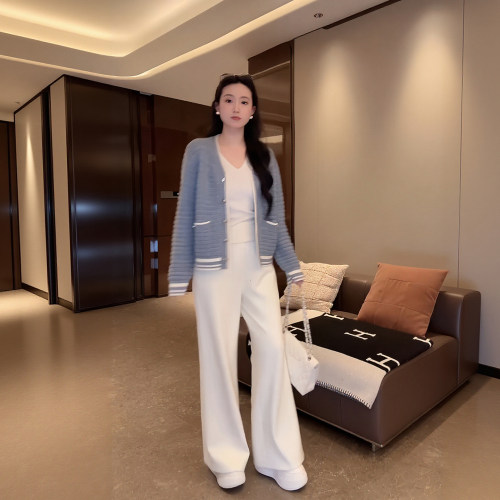高腰松紧腰秋冬蚕丝羊毛呢子裤