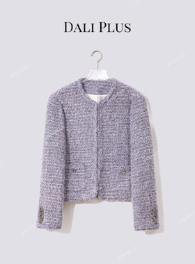 大李plus“紫色拉毛”小香风圆领长袖粗花呢外套-D5CH4733