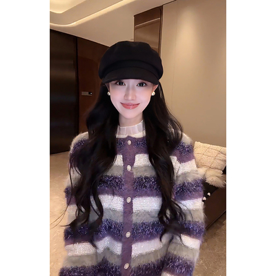 大李plus“苏力羊驼毛条纹毛衣”灰蓝紫拉毛针织衫女装-D5MM3417