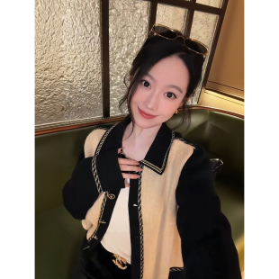 大李plus鎏金序页小香羊毛撞色针织外套女秋季复古氛围感翻领上衣
