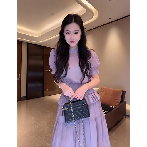 大李plus小蛮腰打揽木耳边套装女夏季褶皱设计感紫色衬衫+半裙