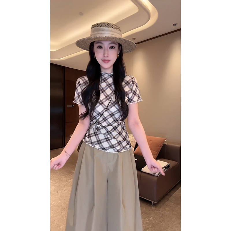 大李plus韩系弹力格子短袖套装女夏季收腰显瘦上衣+屁帘裤两件套