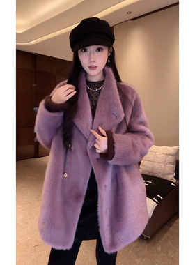 大李plus 紫色直毛拉毛100羊毛皮草外套女冬季高级中长款加厚大衣