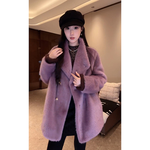 大李plus 紫色直毛拉毛100羊毛皮草外套女冬季高级中长款加厚大衣