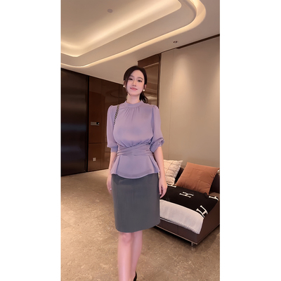 大李plus藤萝紫压褶立领可调节飘带衬衫女夏季收腰显白层次感上衣