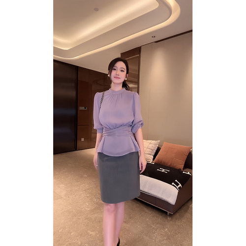 大李plus藤萝紫压褶立领可调节飘带衬衫女夏季法式收腰层次感上衣