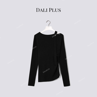 绵羊毛单边露肩飘带针织 D5MM3228 不规则侧边提褶上衣