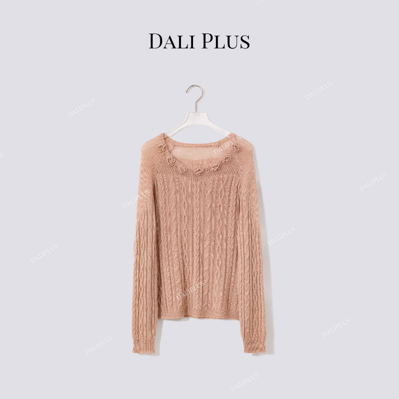 DALI PLUS“山羊绒立体钩花针织”镂空绞花插肩袖套衫-D5CK2139