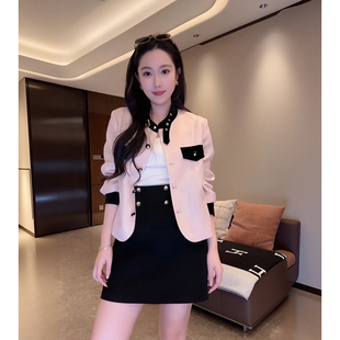 大李plus小香风撞色丝绒扣带立领夹克外套女秋季亚麻天丝混纺上衣