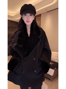 大李plus 黑色编织水貂山羊绒羊毛大衣女冬季优雅设计感毛呢外套