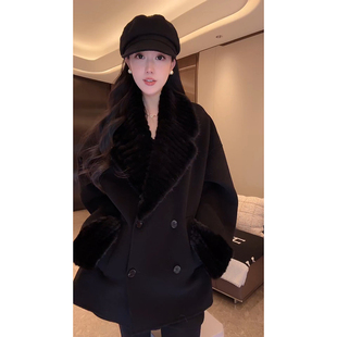 大李plus 黑色编织水貂山羊绒羊毛大衣女冬季优雅设计感毛呢外套