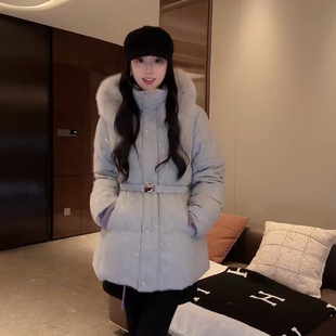 大李plus烫钻连帽90鹅绒服狐狸毛羽绒服女冬季高级加厚保暖外套