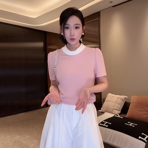 大李plus赫本风拼接领醋酸短袖T恤女夏季空调凉感轻奢百搭上衣