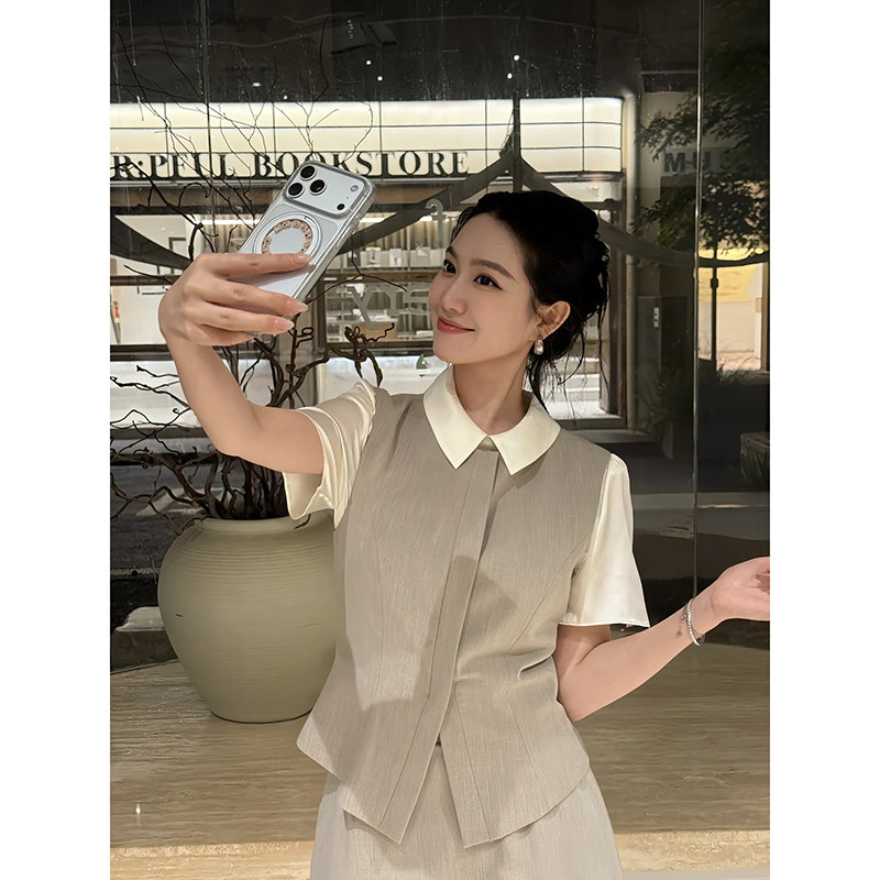 大李plus羊毛混纺纯色马甲套装女夏季时尚气质收腰显瘦马夹+裙裤