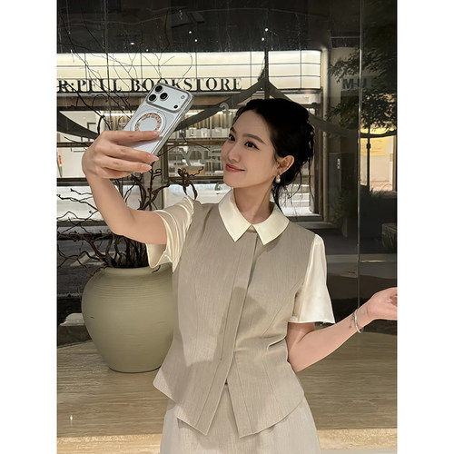 大李plus羊毛混纺纯色马甲套装女夏季时尚气质收腰显瘦马夹+裙裤