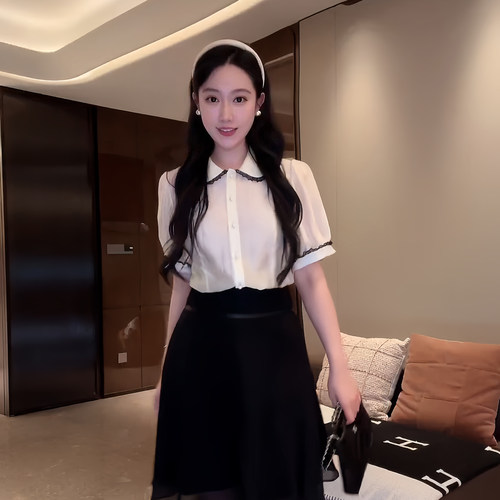 大李plus桑蚕丝莱赛尔泡泡袖翻领衬衫女夏季撞色蕾丝花边减龄上衣