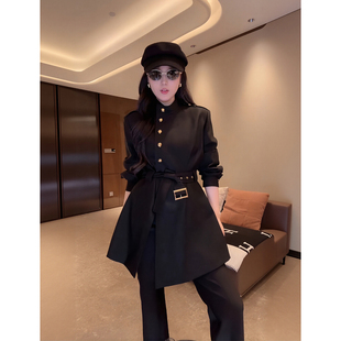 大李plus重磅羊毛斜排金扣立领风衣女秋季高级设计感时尚收腰外套