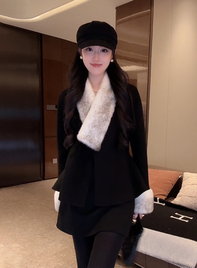 大李PLUS银十字貂90羊毛10羊绒短款收腰毛呢外套女冬季设计感大衣