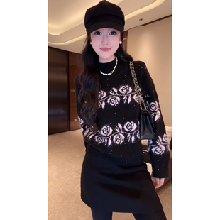 大李plus羊毛混纺玫瑰毛衣高级设计感闪闪毛针织衫女冬季显瘦上衣