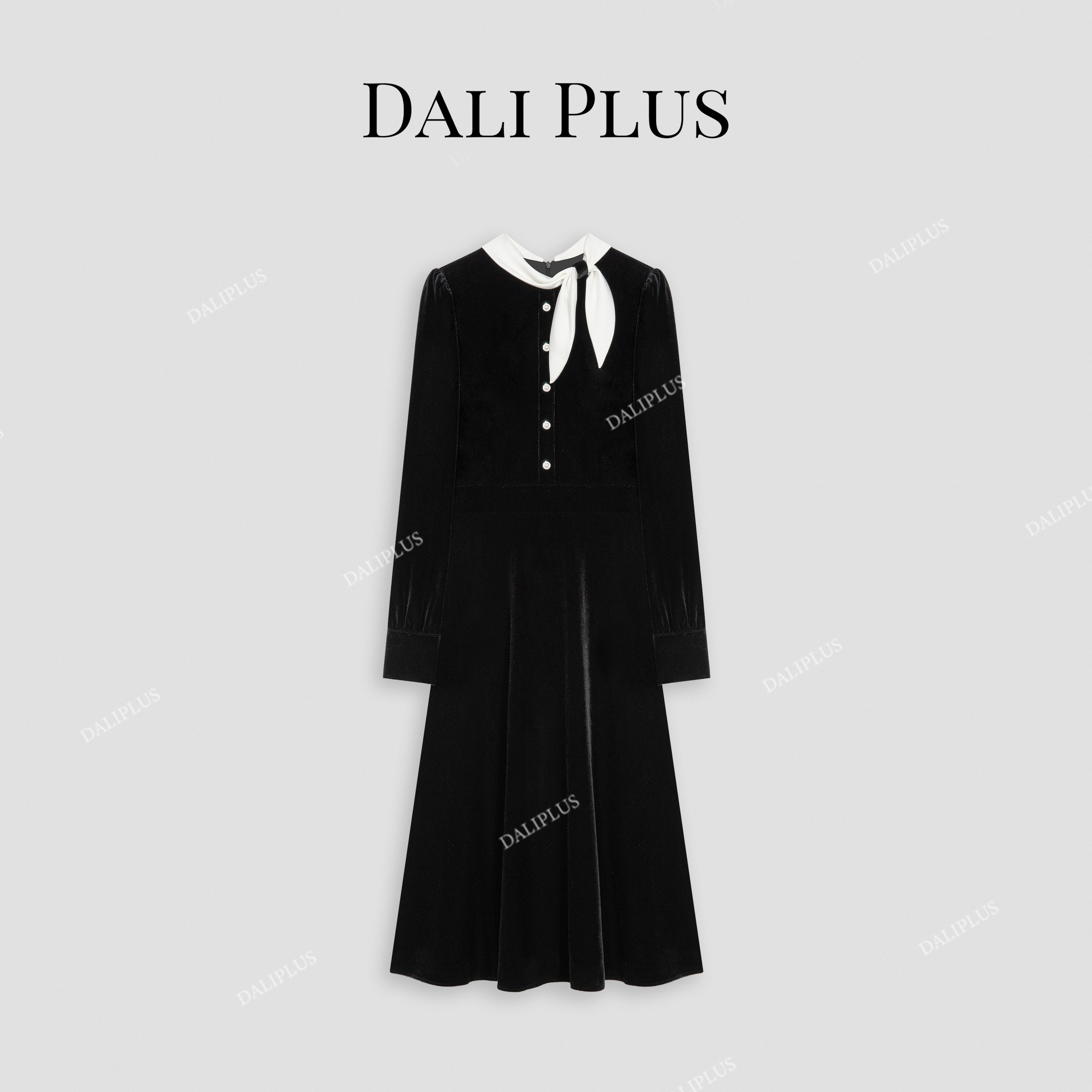 大李plus法式复古蝴蝶结气质丝绒显瘦长袖连衣裙-D4XL0056
