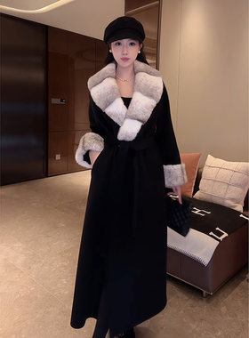 大李plus‘’丹麦进口银十字貂”长款羊绒羊毛毛呢大衣-D5CH5519