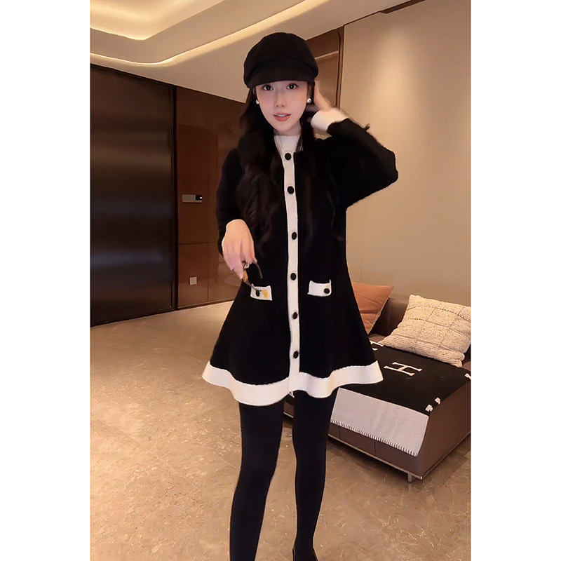 大李plus黑白撞色小香风针织裙毛衣女冬季中长款连衣裙气质小黑裙,女装/女士精品,连衣裙,淘宝优惠券,粉丝福利购,淘宝优惠卷