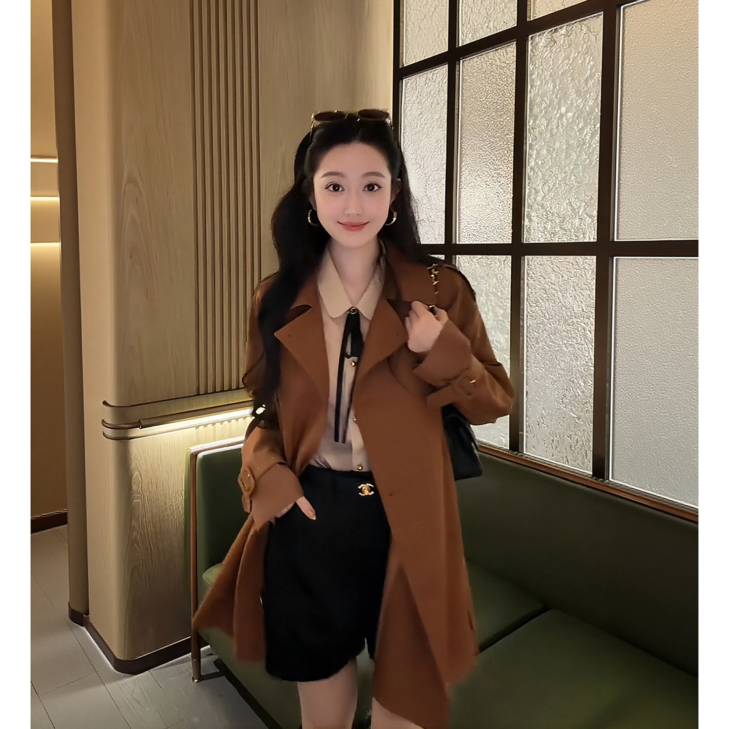 大李plus“秋日南瓜棕风衣”双排扣腰带收腰中长款外套-SD604204
