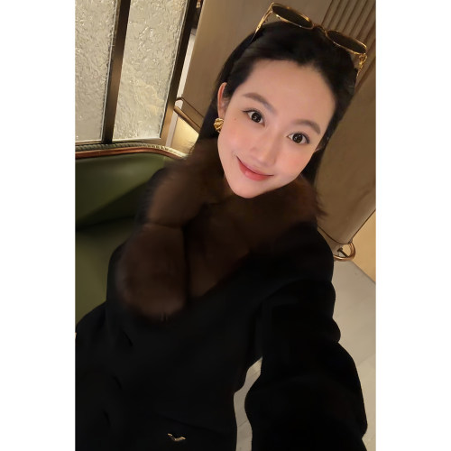 大李plus山羊绒+绵羊毛 可拆卸狐兔毛领双V双面呢大衣-SD601784