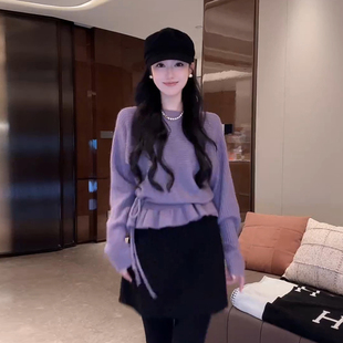 大李plus复古植绒波点A字半身裙女秋冬新款设计感黑色修身短裙