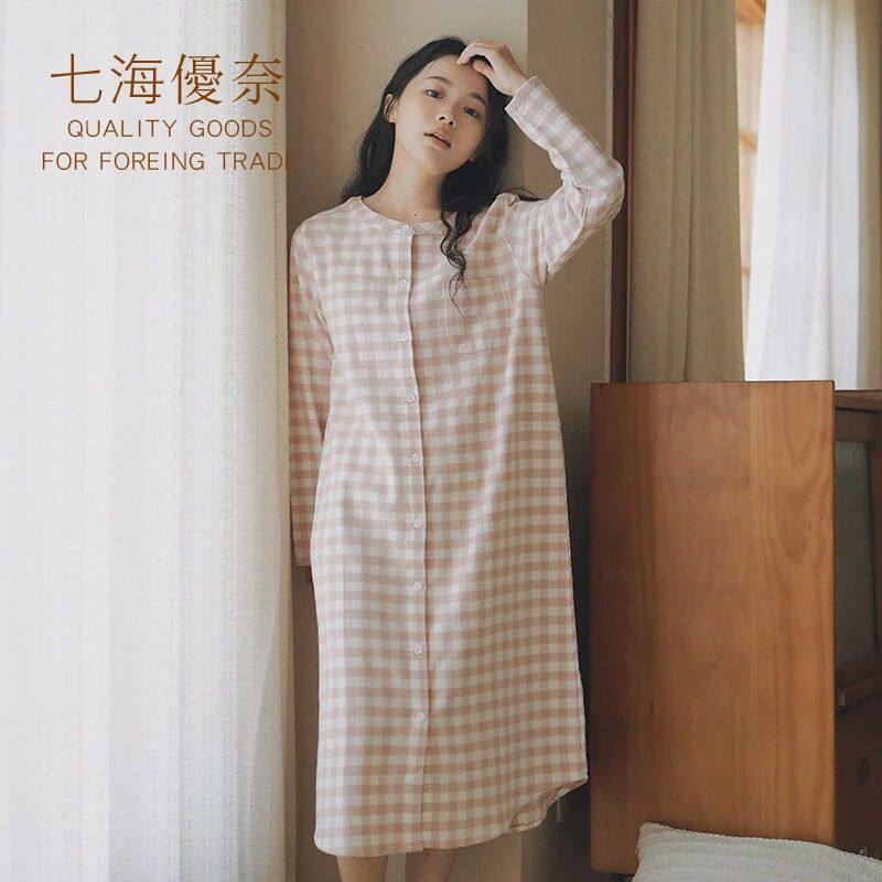 格子长袖睡裙春秋冬纯棉磨毛绒布中长版宽松家居服待产孕妇洋装