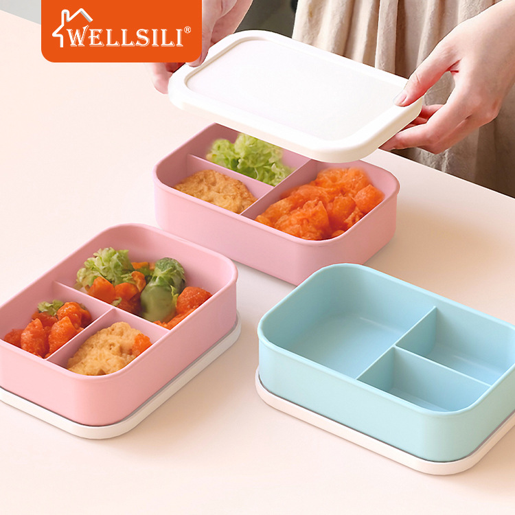 硅胶三格饭盒保鲜盒方形分隔午餐便当盒可微波炉加热日式硅胶餐盒