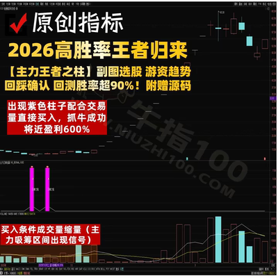 【2026主力王者之柱】副图选股 游资趋势回踩确认 胜率超90%！