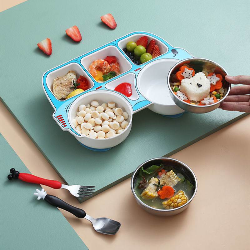 儿童碗筷三件套餐盘分格家用防摔幼儿园防烫餐具辅食碗304不锈钢