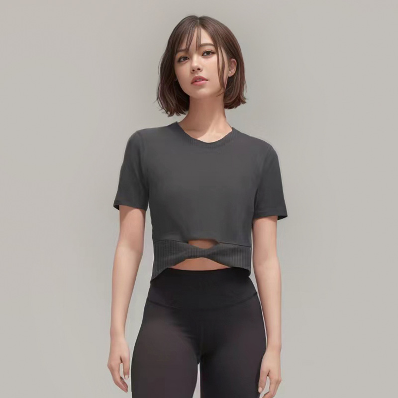 瑜伽服女士棉质T恤罗纹短款莫代尔短袖LL透气紧身运动慢跑