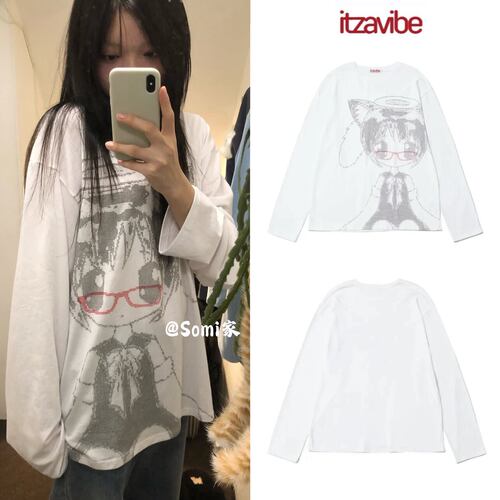 somi家 韩国直邮itzavibe天使猫咪像素女孩圆领长袖千禧风 25FW