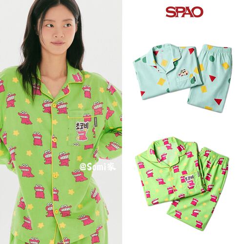 somi家 韩国spao 蜡笔小新联名可乐爆米花满印长袖睡衣套装家居服