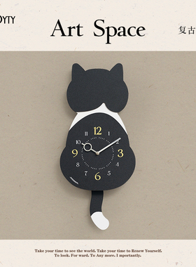 TEBO免打孔钟表摆钟创意猫咪治愈系挂钟餐厅挂表简约时钟装饰墙