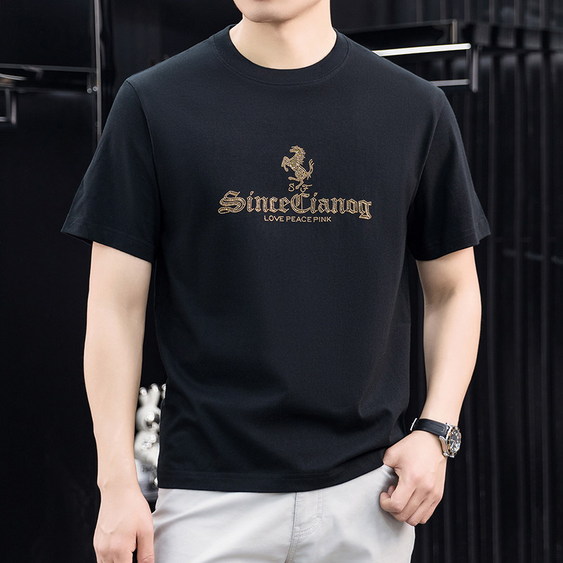 2026夏季新品复古街头风烫钻纯棉T恤短袖战马休闲100%棉圆领上衣,男装,T恤,淘宝优惠券,粉丝福利购,淘宝优惠卷