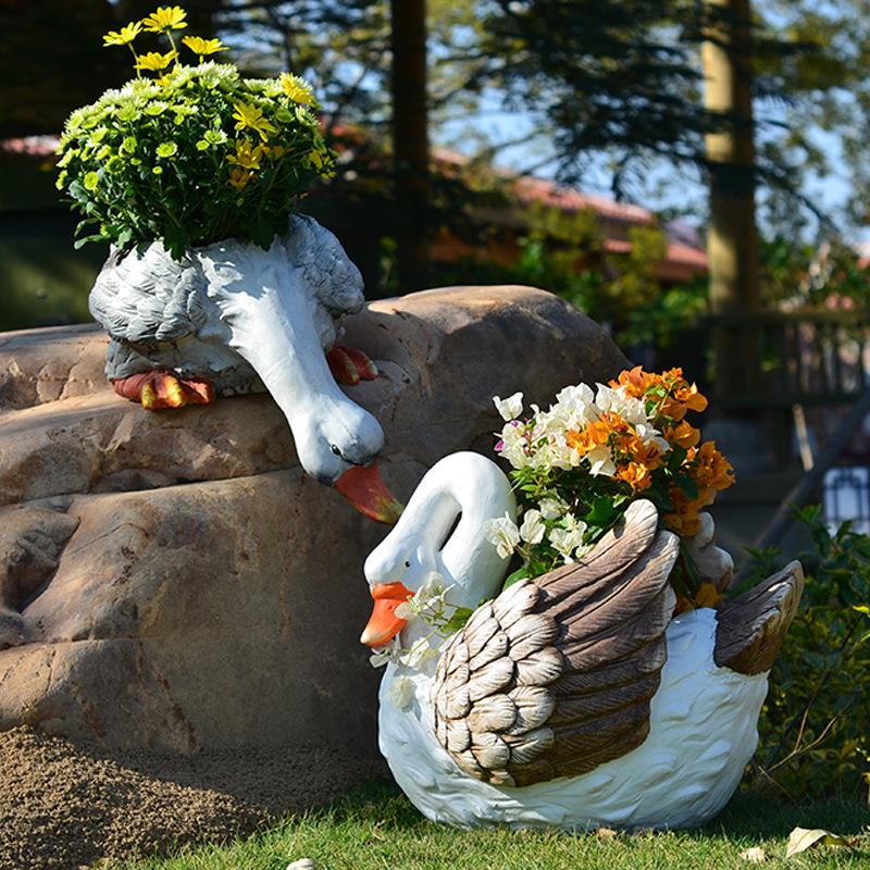 晓院花园庭院造景观大鹅花盆摆件流水动物装饰品酒店客栈布置绿植