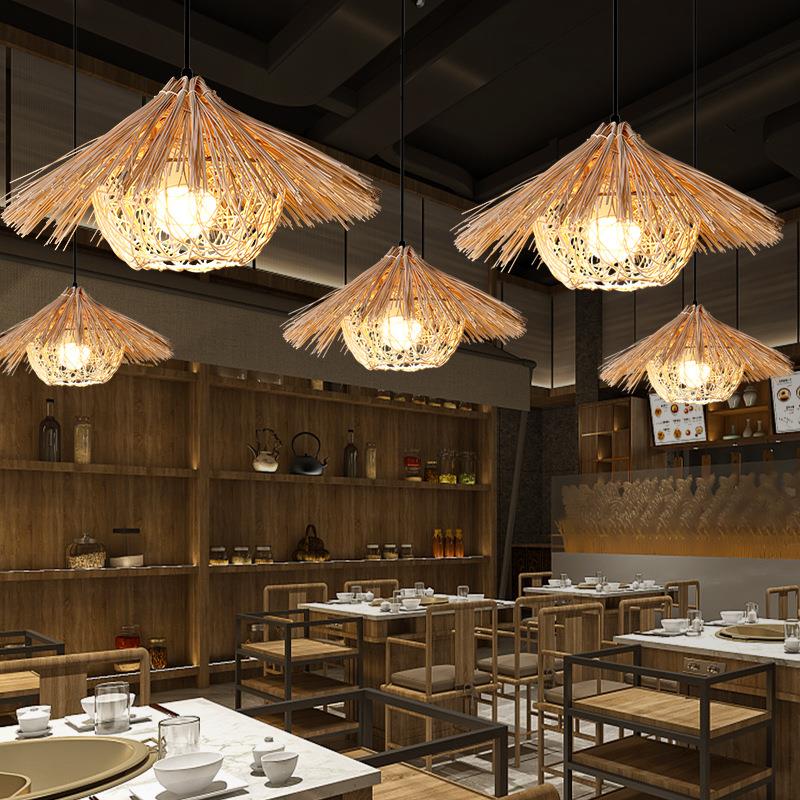 日式复古藤艺吊灯手工编织圆形鸟巢房子草帽田园饭店餐厅农家乐灯