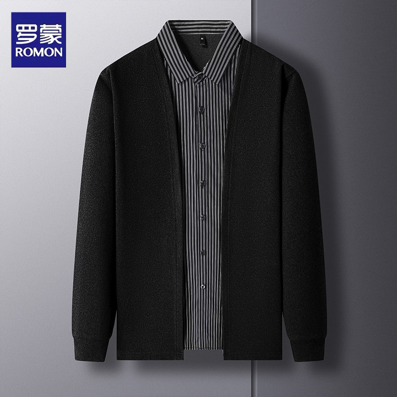 罗蒙假两件针织衫男春秋季商务休闲免烫抗皱柔顺衬衫领上衣打底衫