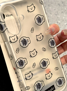 ins个性白框半透线条鱼猫咪适用iPhone16promax手机壳17promax女新款15趣味可爱14二合一13磨砂17p全包防摔套