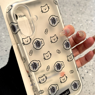 ins个性白框半透线条鱼猫咪适用iPhone16promax手机壳17promax女新款15趣味可爱14二合一13磨砂17p全包防摔套