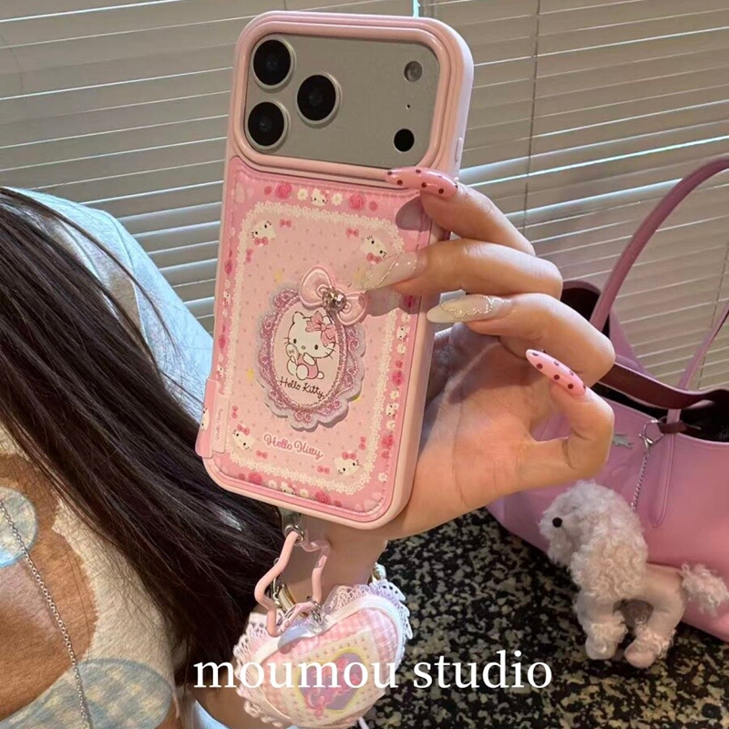 可爱皮纹梳妆镜蝴蝶结KT带挂件适用苹果17promax新款iPhone16promax手机壳17个性13卡通14小众少女15pm保护套